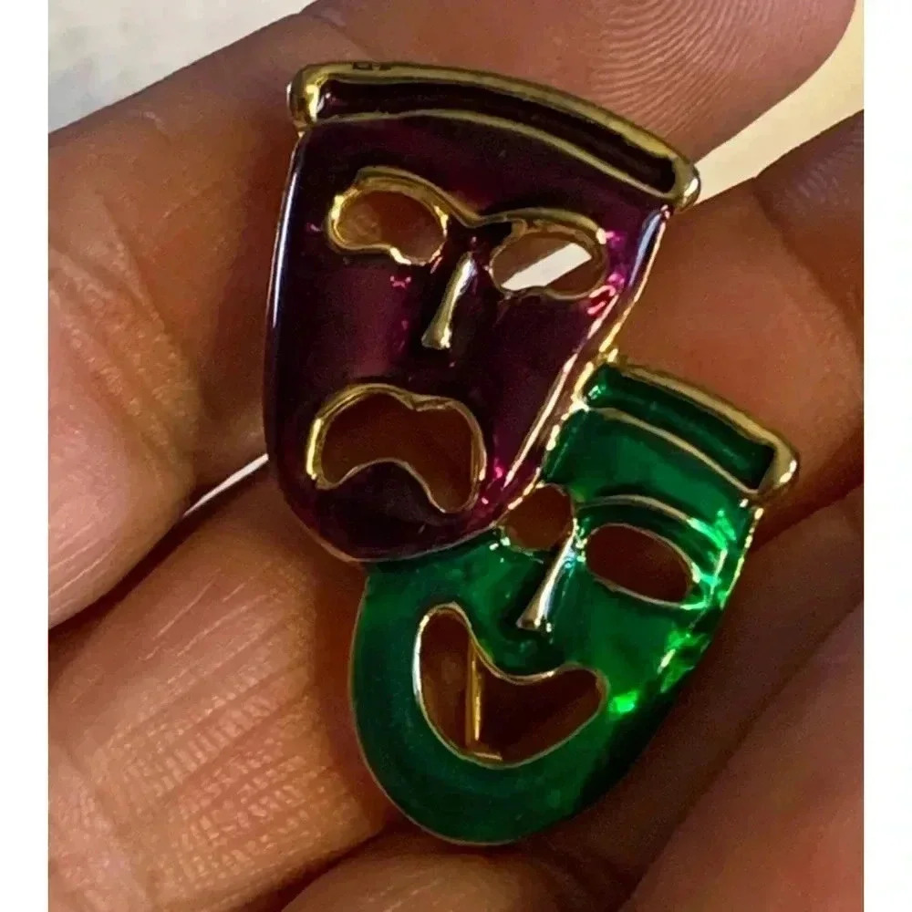 Vintage Theaters Comedy & Tragedy Mardi Gras gold tone brooch purple & green